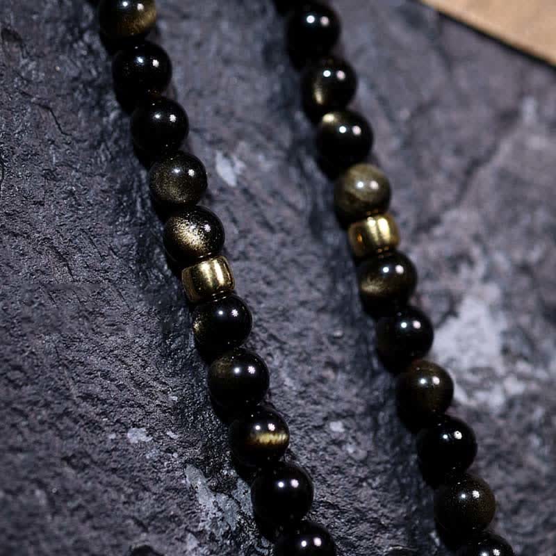 Fortune Jewel 108 Mala Beads Gold Sheen Obsidian Tiger Eye Eagle's Eye Stone Wealth Bracelet