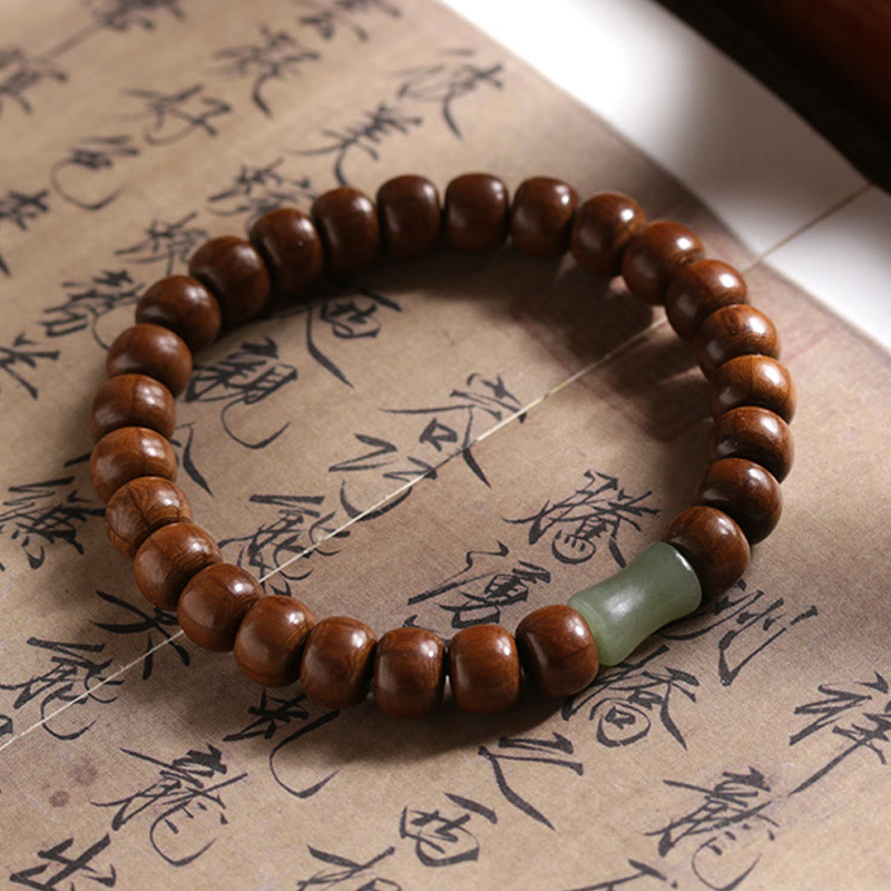 Fortune Jewel Natural Abelia Biflora Wood Hetian Jade Bamboo Bead Warding Off Evil Spirits Bracelet