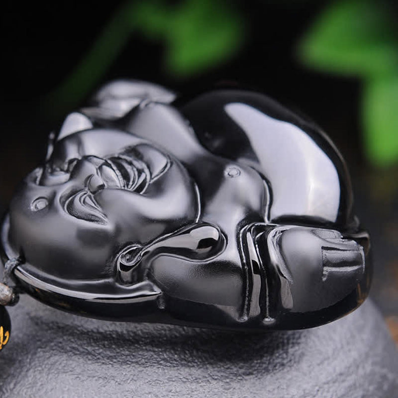 Fortune Jewel Laughing Buddha Black Obsidian Transformation Pendant Necklace