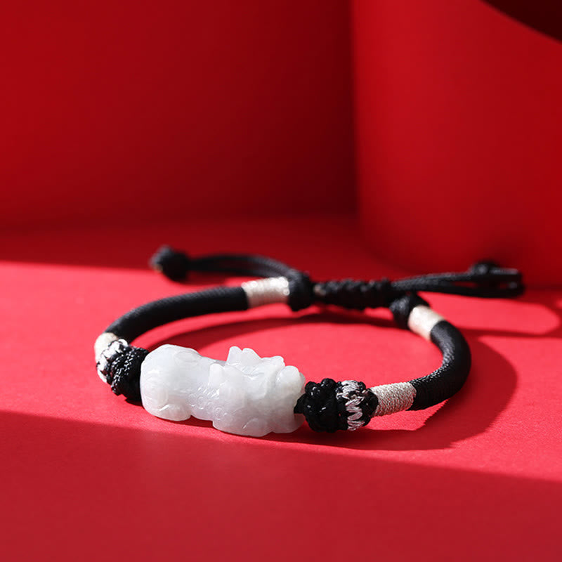 Fortune Jewel Handmade Natural Jade PiXiu Luck Prosperity Braided String Bracelet