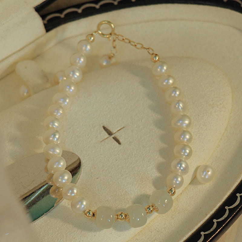 Fortune Jewel 14K Gold Plated Natural Pearl Hetian Cyan Jade White Jade Sincerity Bead Chain Bracelet