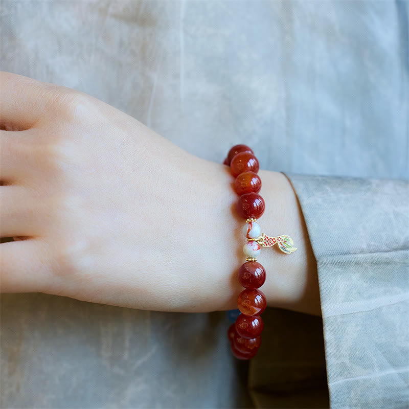 Fortune Jewel Natural Red Agate Peace Talisman Fu Character Dragon Tail Confidence Charm Bracelet
