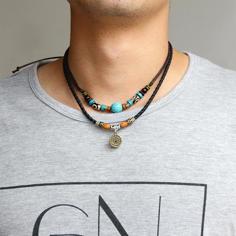 Fortune Jewel Turquoise Dzi Bead Protection Necklace