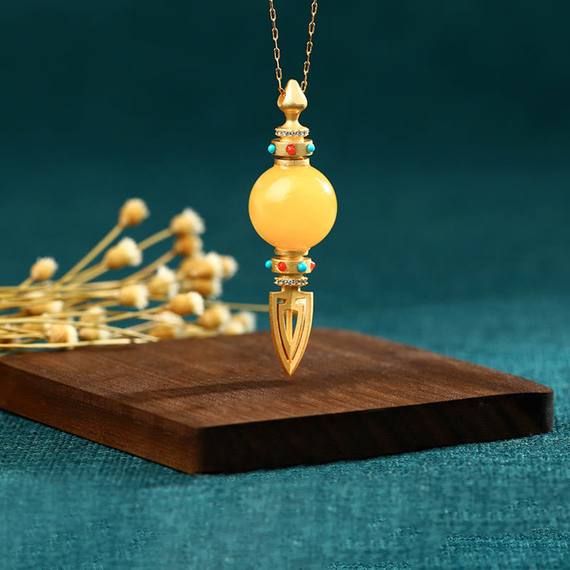 Fortune Jewel 24K Gold Plated Amber Dorje Vajra Clear Anxiety Necklace Pendant