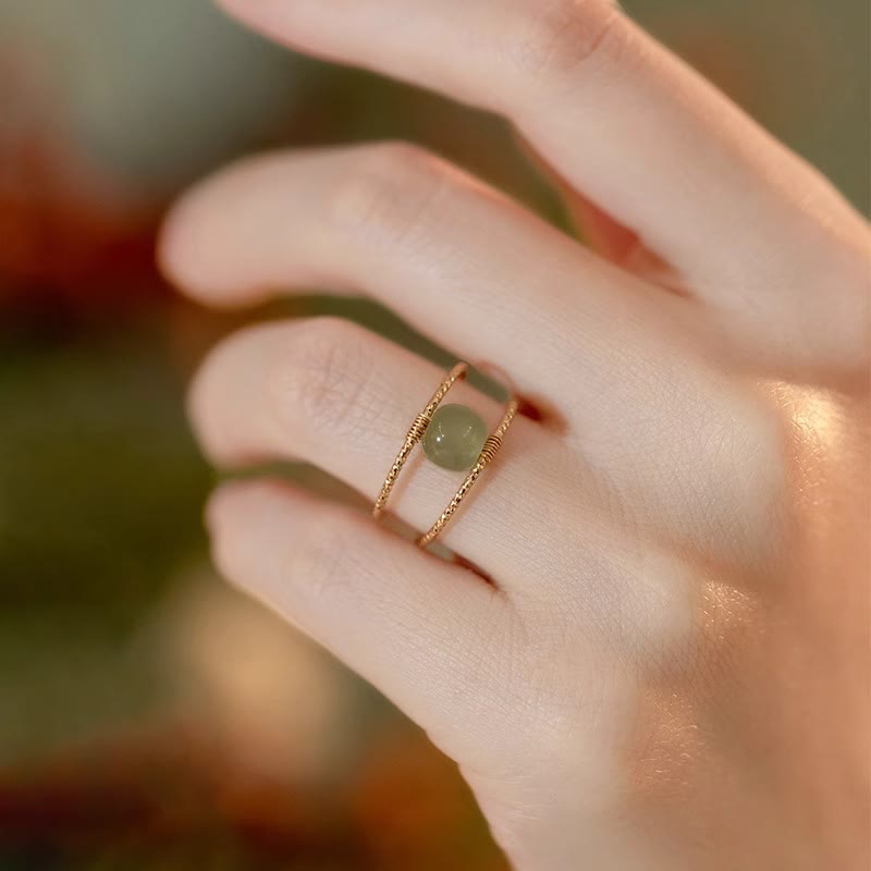 Fortune Jewel Round Jade Pearl Bead Double Layer Copper Luck Adjustable Ring