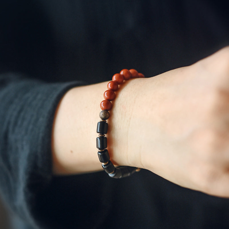 Fortune Jewel Ebony Wood Red Jasper Moss Agate Crystal Copper Peace Couple Bracelet