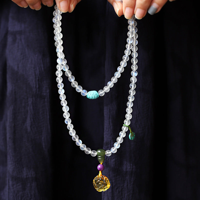 Fortune Jewel 108 Mala Beads Moonstone Amber Lotus Turquoise Crystal Healing Bracelet