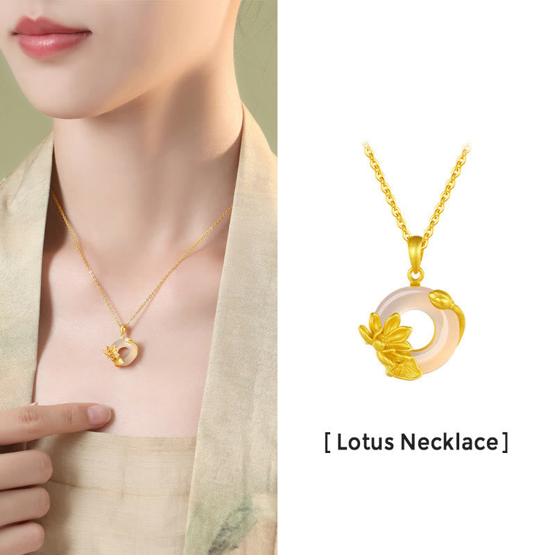 Fortune Jewel Natural White Chalcedony Peace Buckle Lotus Pendant S925 Sterling Silver Necklace