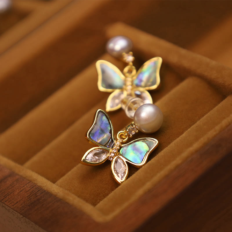 Fortune Jewel 18K Gold Plated Copper Natural Shell Pearl Butterfly Sincerity Stud Earrings