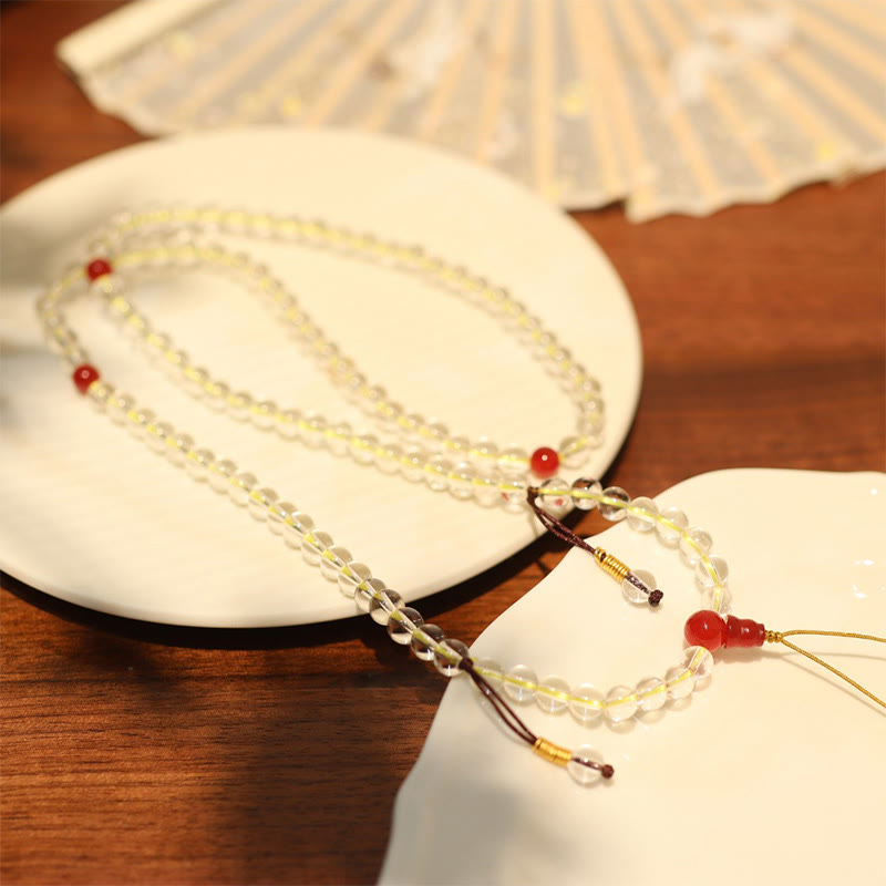 Fortune Jewel 108 Mala Beads 925 Sterling Silver Natural White Agate Red Agate Quadruple Wrap Protection Bracelet