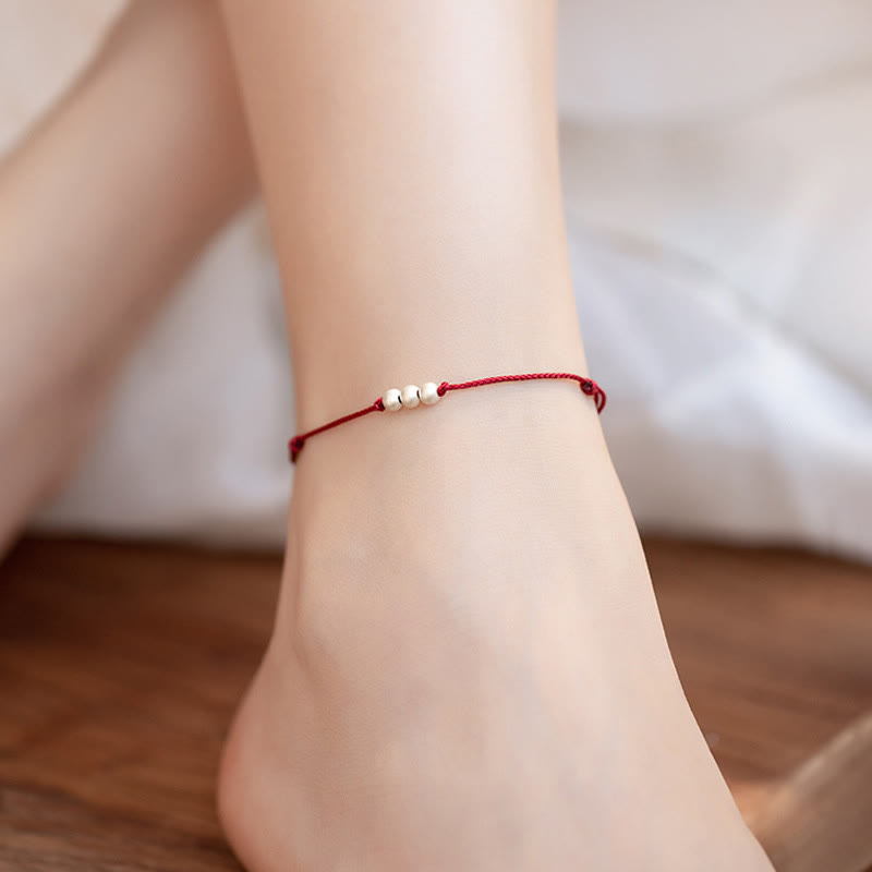 Fortune Jewel 925 Sterling Silver Three Beads Protection String Bracelet Anklet