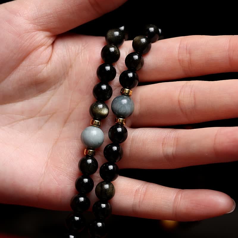 Fortune Jewel 108 Mala Beads Gold Sheen Obsidian Tiger Eye Eagle's Eye Stone Wealth Bracelet