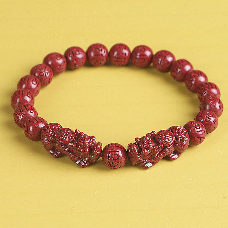 Fortune Jewel Natural Double PiXiu Cinnabar Om Mani Padme Hum Wealth Luck Bead Bracelet