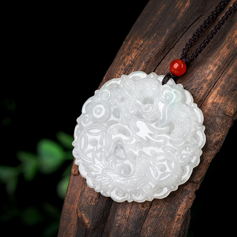 Fortune Jewel White Jade Dragon Protection Necklace String Pendant Fortune Jewel