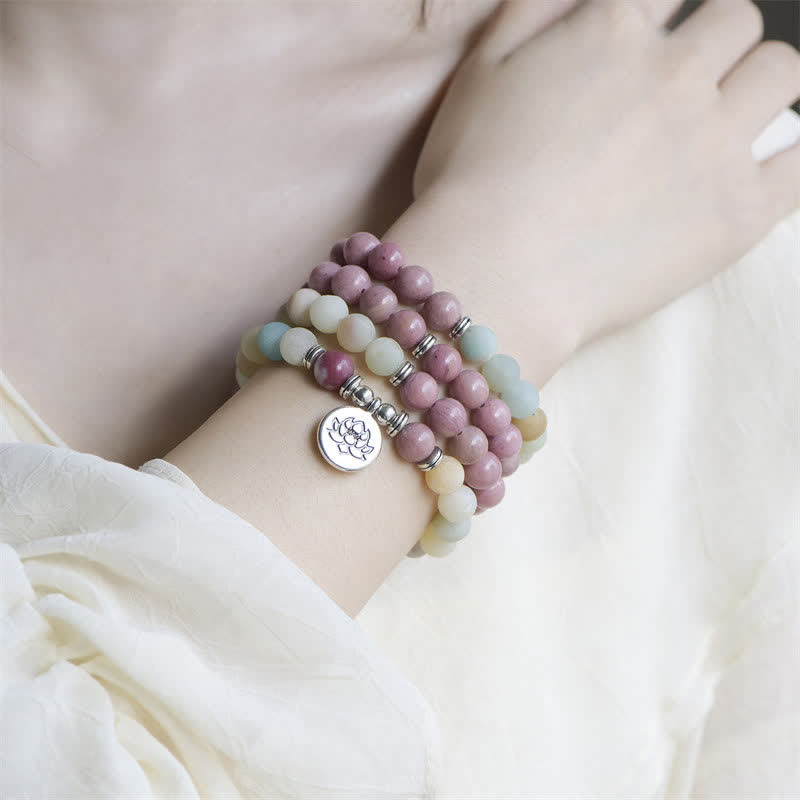 Fortune Jewel Lazurite Picasso Jasper Amazonite Rhodonite Apatite Positive Lotus Prayer Bead Bracelet