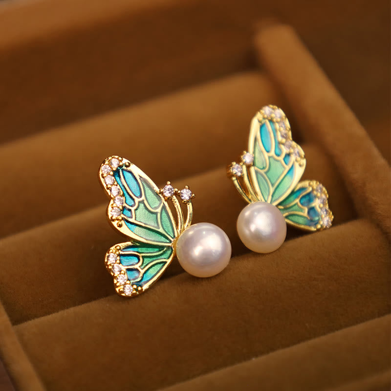 Fortune Jewel 925 Sterling Silver Posts 18K Gold Plated Copper Natural Pearl Butterfly Healing Stud Earrings