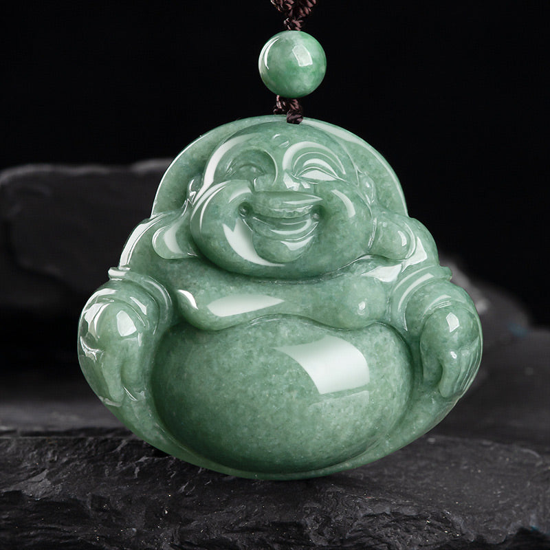 Buddha Stones Laughing Buddha Cyan Jade Harmony Necklace String Bead Pendant Fortune Jewel