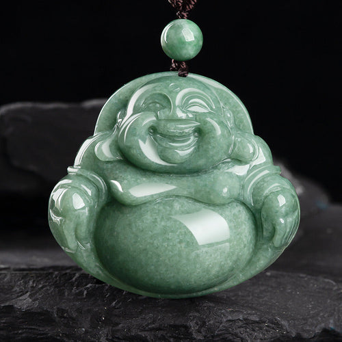 Buddha Stones Laughing Buddha Cyan Jade Harmony Necklace String Bead Pendant Fortune Jewel