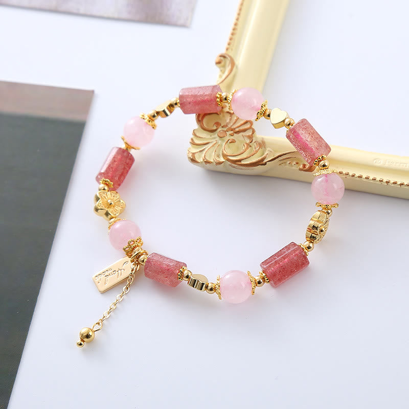 Fortune Jewel Strawberry Quartz Pink Crystal Love Heart Flower Positive Bracelet