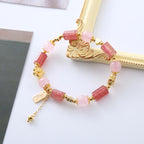 Fortune Jewel Strawberry Quartz Pink Crystal Love Heart Flower Positive Bracelet
