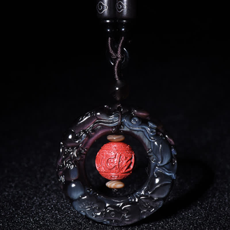 Fortune Jewel FengShui Natural Rainbow Obsidian PiXiu Cinnabar Healing Necklace Pendant