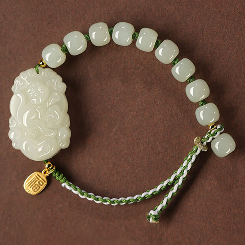 Fortune Jewel 925 Sterling Silver Chinese Zodiac Hetian Jade Happiness Luck String Bracelet