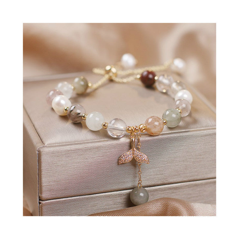 Fortune Jewel Strawberry Quartz Rutilated Quartz Fishtail Charm Healing Bracelet