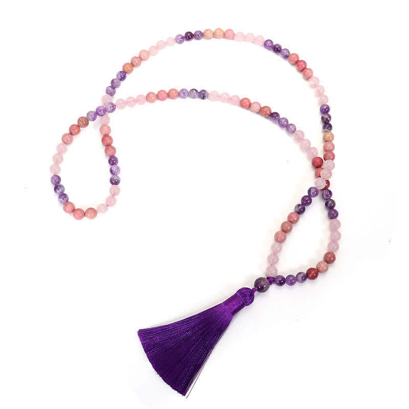 Fortune Jewel 108 Mala Beads Amethyst Rose Quartz Spiritual Healing Tassel Bracelet