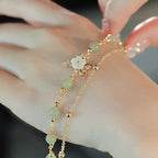 Fortune Jewel 14K Gold Plated Jade Butterfly Tridacna Stone Flower Double Layer Luck Bracelet