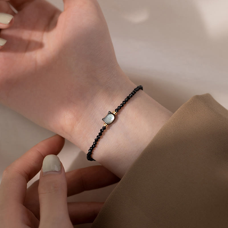 Fortune Jewel 14K Gold Plated Black Spinel White Crystal Cute Cat Tridacna Stone Healing Bracelet