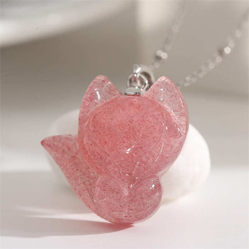 Fortune Jewel 925 Sterling Silver Plated 14k Gold Strawberry Quartz Fox Healing Necklace Pendant