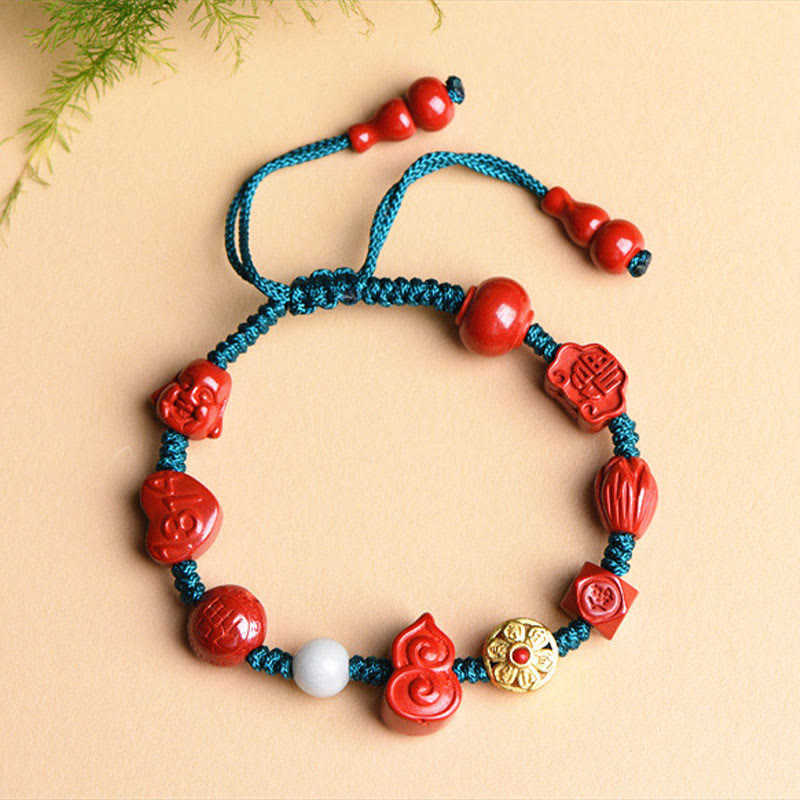 Fortune Jewel Natural Cinnabar Gourd Om Mani Padme Hum Laughing Buddha Blessing String Bracelet