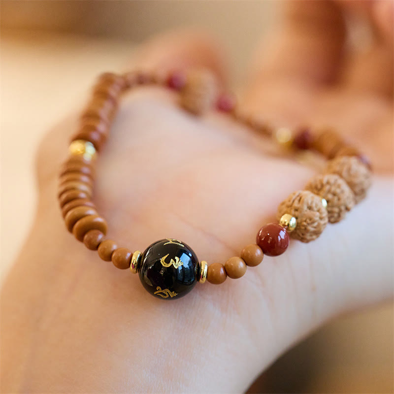 Fortune Jewel Tibetan Bodhi Seed Black Onyx Smoky Quartz Om Mani Padme Hum Fu Character Wealth Bracelet