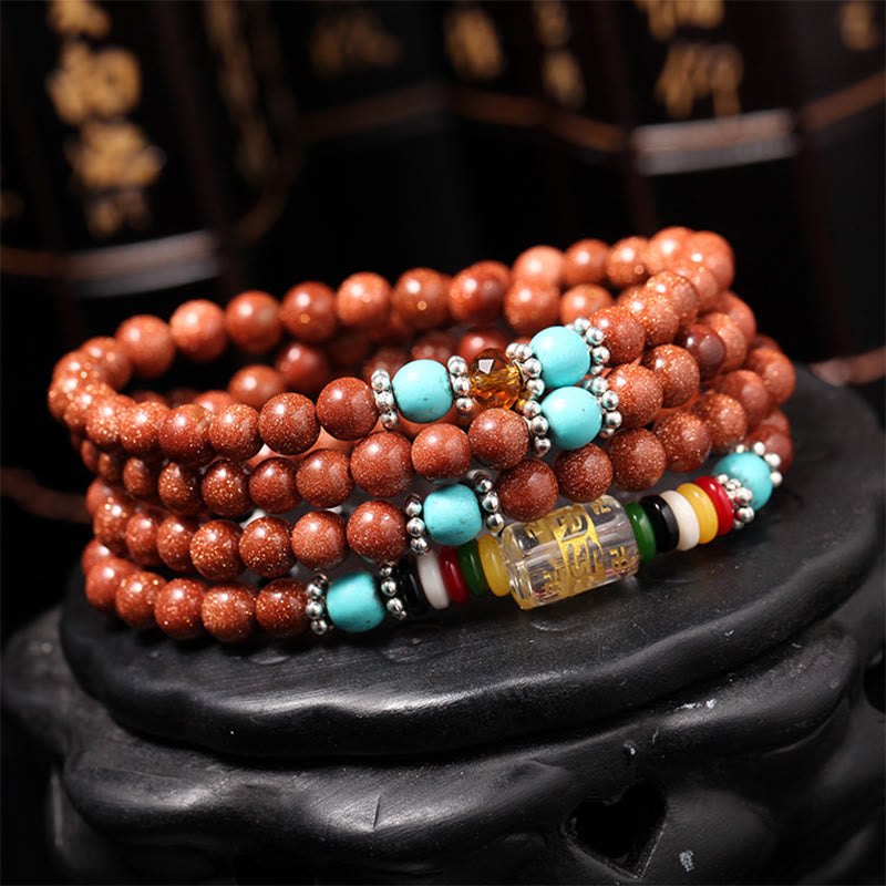 Fortune Jewel 108 Mala Beads Goldstone Om Mani Padme Hum Swastika Confidence Bracelet