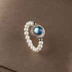 Fortune Jewel 925 Sterling Silver Pearl Blue Chalcedony Healing Chain Bracelet Ring