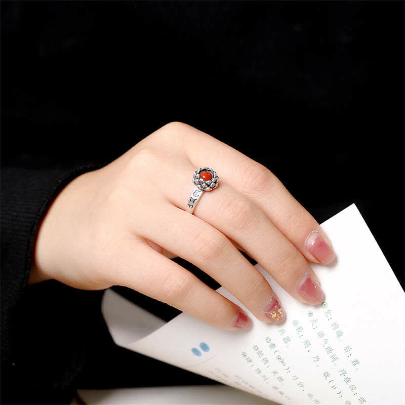 Fortune Jewel925 Sterling Silver Lotus Red Agate Confidence Blessing Ring