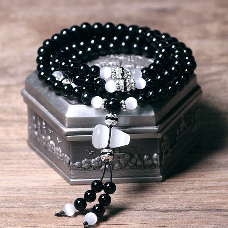 Fortune Jewel Black Onyx White Crystal Bead Meditation Bracelet