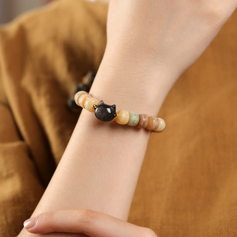 Fortune Jewel Bodhi Seed Silver Sheen Obsidian Cat Head Om Mani Padme Hum Engraved Harmony Bracelet