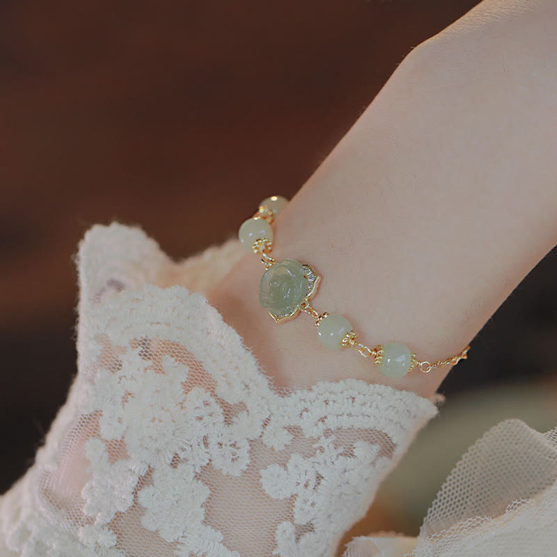 Fortune Jewel 14K Gold Plated Hetian Jade Rose Flower Luck Chain Bracelet
