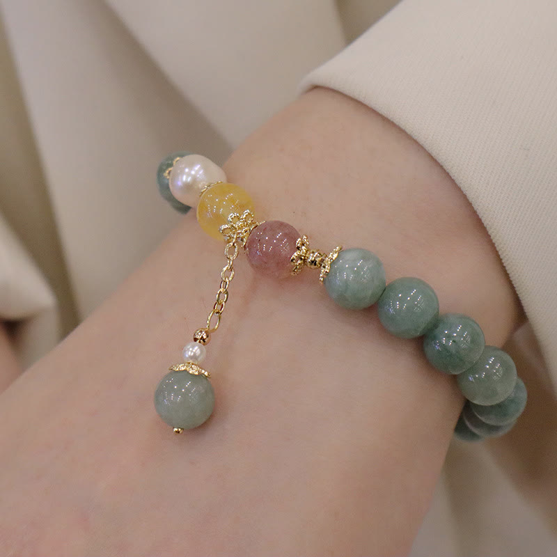 Fortune Jewel Jade Pearl Strawberry Quartz Abundance Luck Bead Charm Bracelet