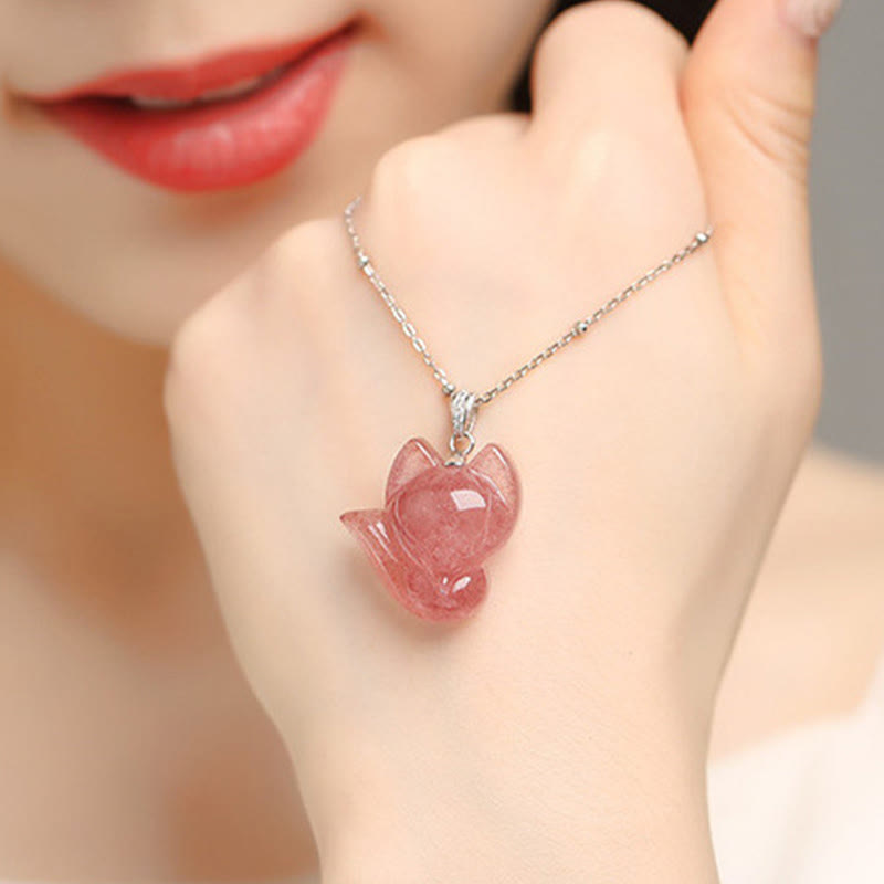Fortune Jewel 925 Sterling Silver Plated 14k Gold Strawberry Quartz Fox Healing Necklace Pendant