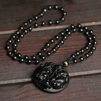 Fortune Jewel Black Obsidian Double Pixiu Bead Rope Purification Necklace Pendant