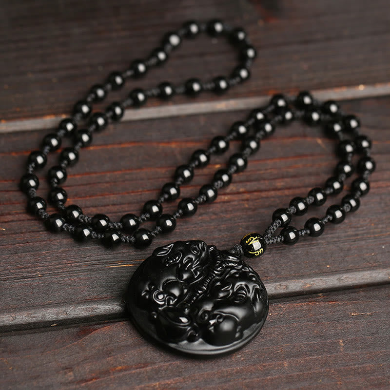 Fortune Jewel Black Obsidian Double Pixiu Bead Rope Purification Necklace Pendant