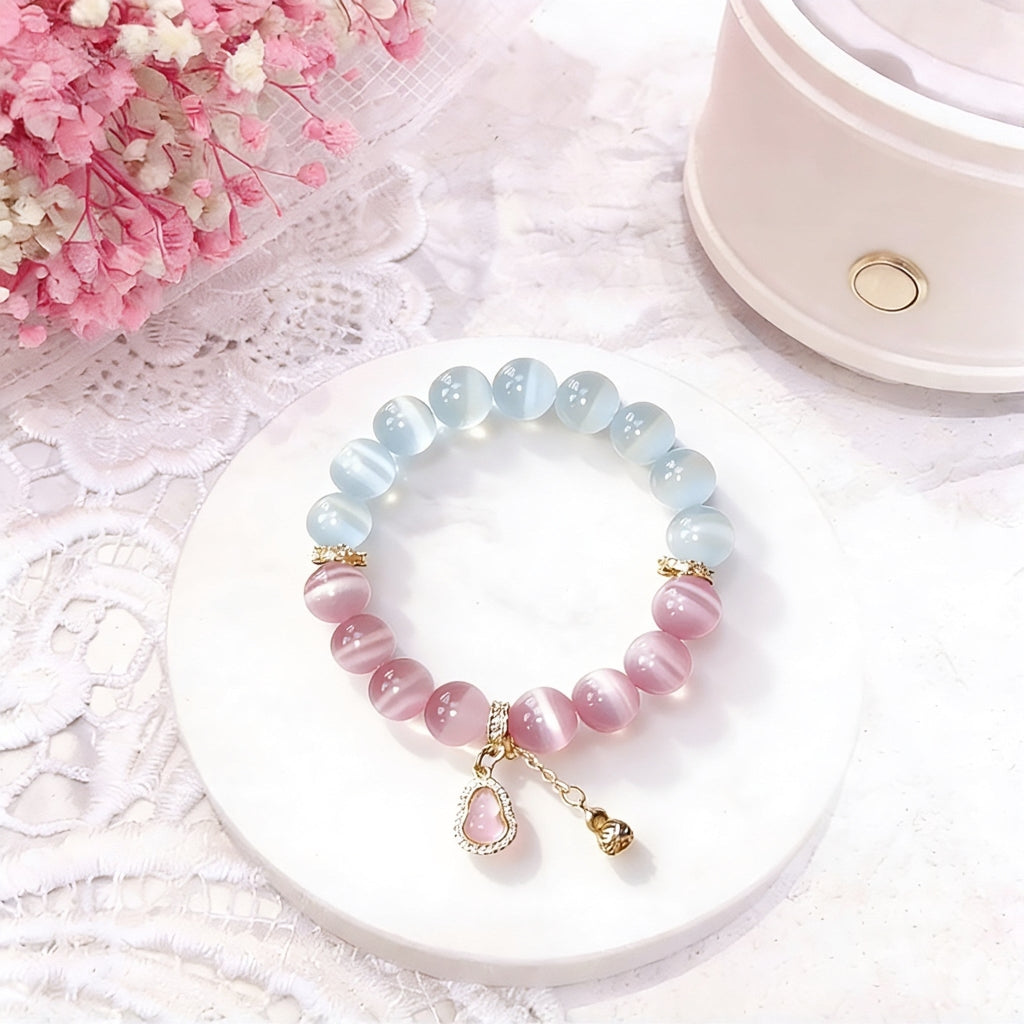 White & Pink Cat Eye Crystal Bracelet with Gourd Charm – Personalized Handmade Energy Beads