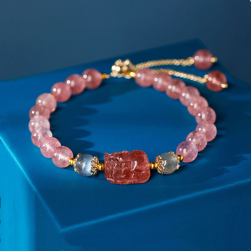 Fortune Jewel Aquamarine Strawberry Quartz Amethyst Moonstone PiXiu Healing Bracelet