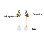 Fortune Jewel Vintage White Jade Red Agate Bead Blessing Drop Dangle Earrings