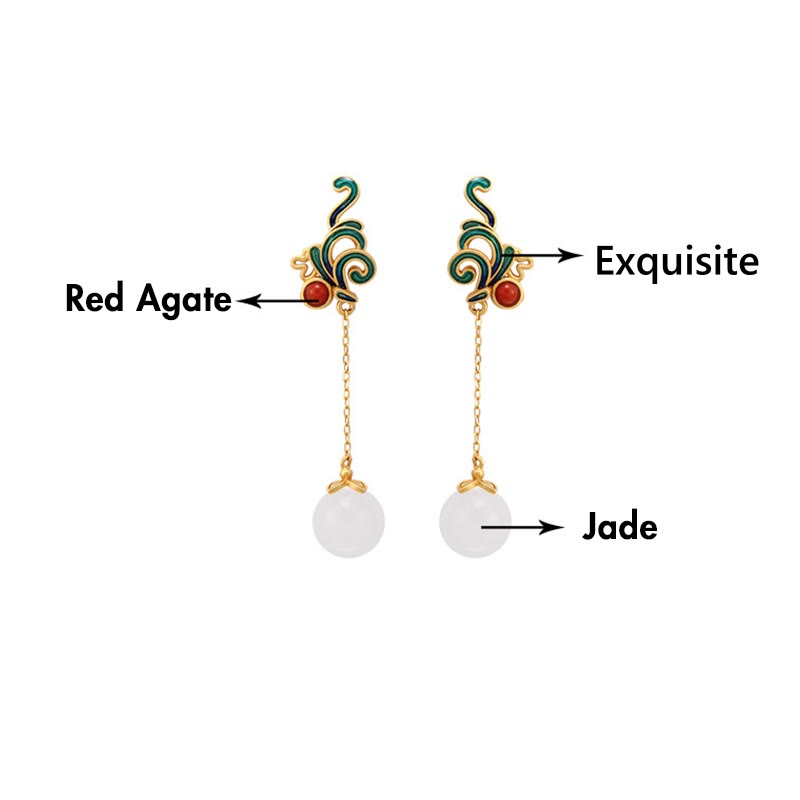 Fortune Jewel Vintage White Jade Red Agate Bead Blessing Drop Dangle Earrings