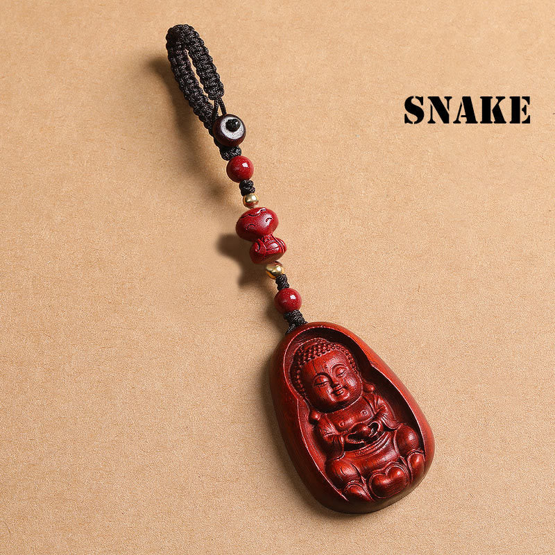 Fortune Jewel Small Leaf Red Sandalwood Buddha Cinnabar Chinese Zodiac Amulet Protection Key Chain