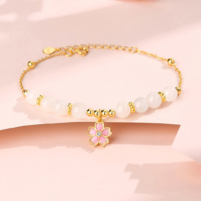 Fortune Jewel 925 Sterling Silver Hetian White Jade Cherry Blossom Protection Bracelet