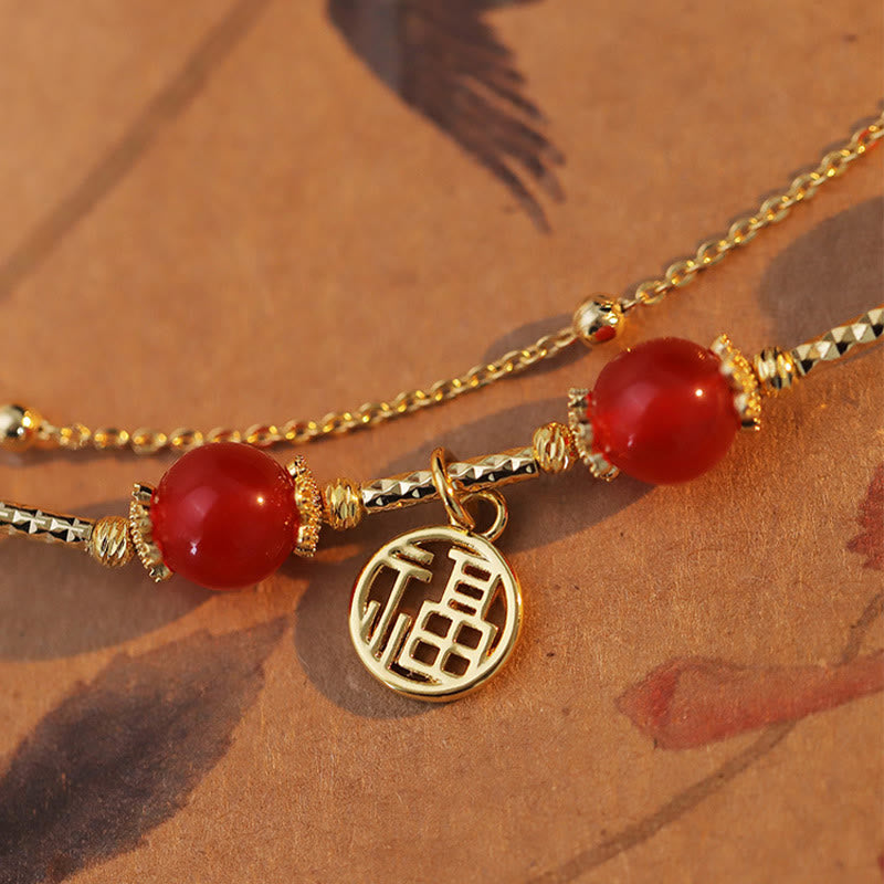 Fortune Jewel Red Agate Fu Character Charm Self-acceptance Bracelet